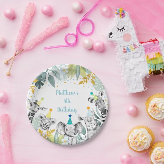 パーティーアニマルブルー金ゴールドサファリ誕生日 ペーパープレート (パーティー)