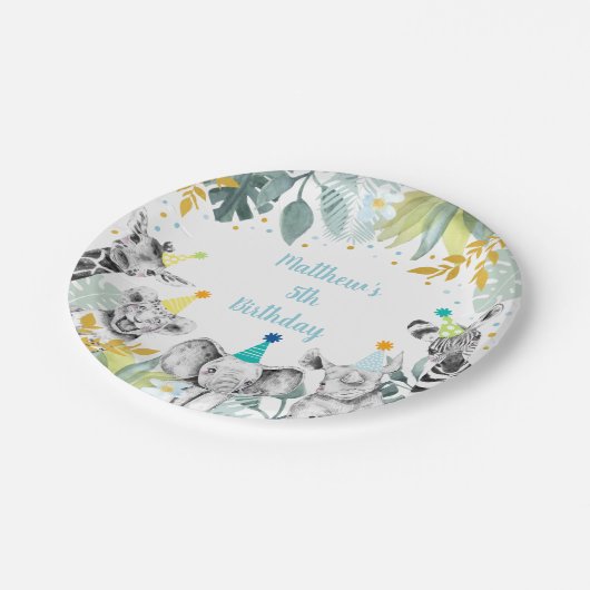 パーティーアニマルブルー金ゴールドサファリ誕生日 ペーパープレート (アングル)
