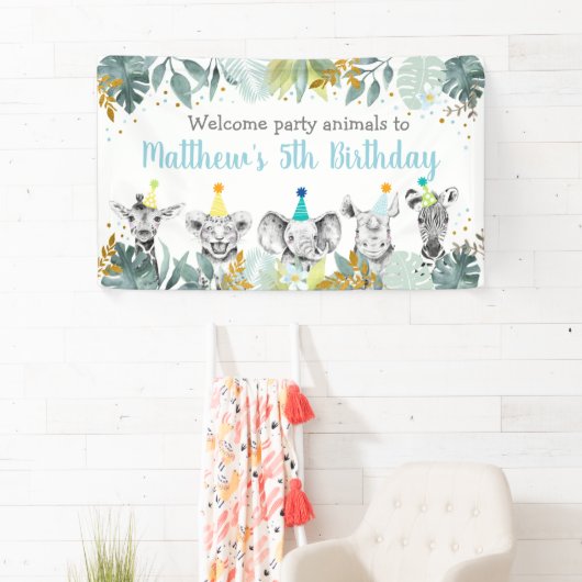 パーティーアニマルブルー金ゴールドサファリ誕生日 横断幕 (インサイチュ)