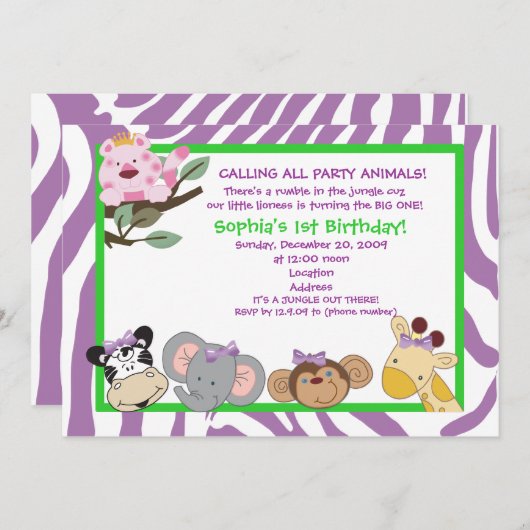 パーティーアニマルベビーガール1stバースデージャングル5x7 招待状 (正面/裏面)