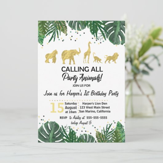 パーティーアニマル サファリ 誕生日またはシャワー招待状 招待状 (スタンド正面)
