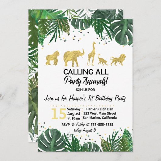 パーティーアニマル サファリ 誕生日またはシャワー招待状 招待状 (正面/裏面)