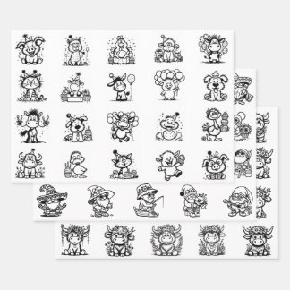 パーティーアニマル、ノーム、ハイランドキャトル アソートメント ラッピングペーパーシート