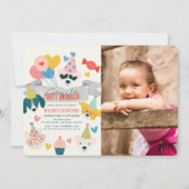 パーティーアニマル 犬と猫の風船 誕生日写真 招待状 (正面)