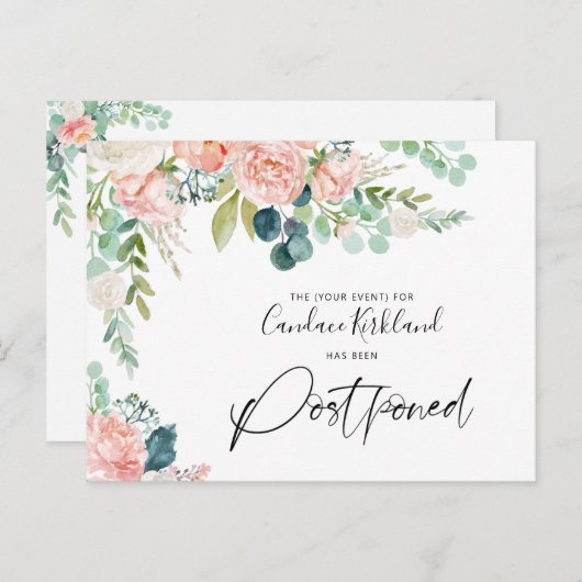 パーティーイベント延期された日付赤面ピンクフローラ 案内ポストカード (正面/裏面)
