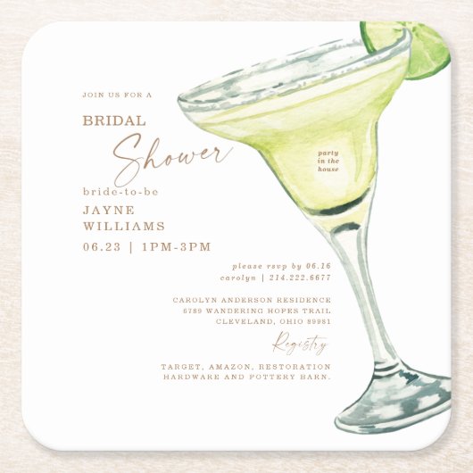 パーティーインハウスマルガリタホワイトブライダルシャワー スクエアペーパーコースター (正面)