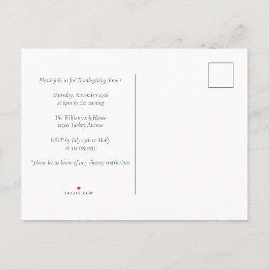 パーティーカスタムグリーンサンクスギビングディナー インビテーションポストカード (裏面)