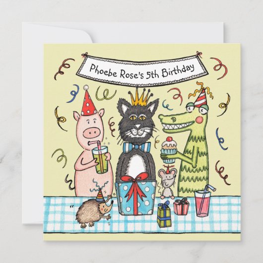 パーティーカスタム動物の誕生日パーティーへの招待 (正面)