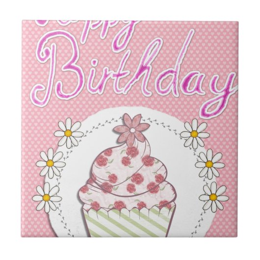 パーティーカップケーキピンクハッピーバースデー タイル (正面)