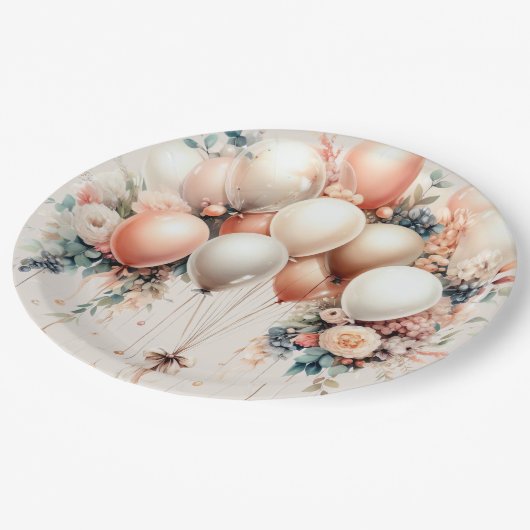 パーティーカラフルホワイトピーチフローラバルーンエレガント ペーパープレート (アングル)