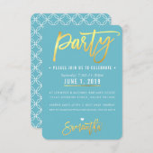 パーティーカードかわいいターコイズブルー金ゴールドスクリプトの見出し 出欠カード (正面/裏面)