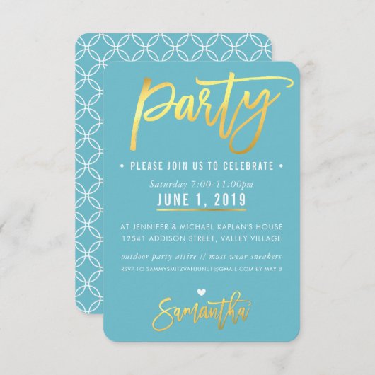 パーティーカードかわいいターコイズブルー金ゴールドスクリプトの見出し 出欠カード (正面/裏面)