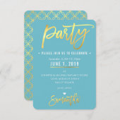 パーティーカード可愛いターコイズブルー金ゴールド円パターン 出欠カード (正面/裏面)