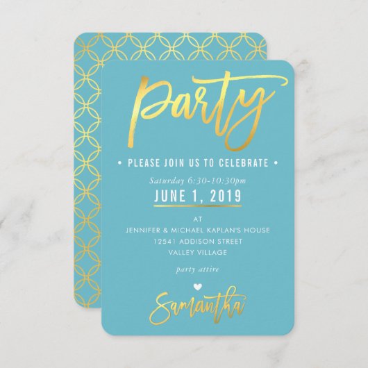 パーティーカード可愛いターコイズブルー金ゴールド円パターン 出欠カード (正面/裏面)