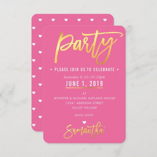 パーティーカード可愛かわいらしいピンクの白ハート金ゴールド 出欠カード (正面/裏面)