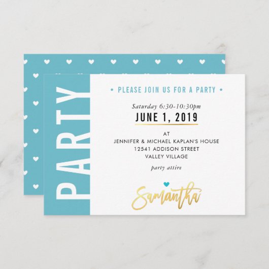 パーティーカード かわいいターコイズブルー 白 ハート ゴールド 出欠カード (正面/裏面)