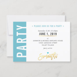 パーティーカード かわいいターコイズブルー 白 ハート ゴールド 出欠カード