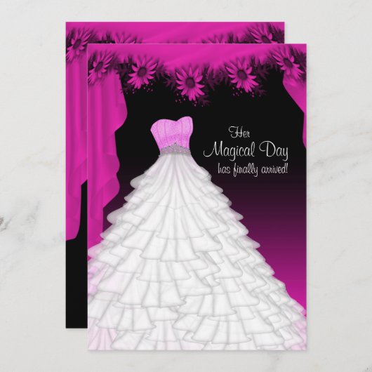 パーティーガウン明るい赤紫色ホットピンクデイジーキンセアニェラ 招待状 (正面/裏面)