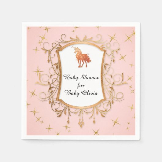 パーティーガールベイビーシャワーマジカルユニコーンバラ金ゴールド スタンダードカクテルナプキン (正面)