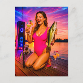パーティーガール魚釣りとカクテル&ミュージック シーズンポストカード