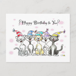 パーティーキャッツの誕生日カード – 手描きアート ポストカード