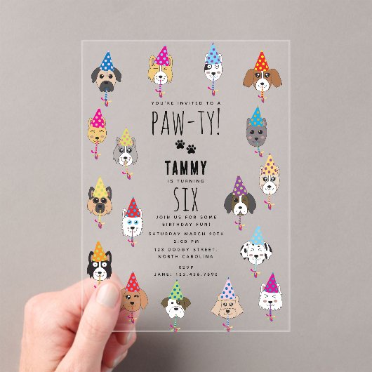 パーティーキュートな誕生日パーティーの犬 アクリル招待状 (インサイチュ (ポータブル))