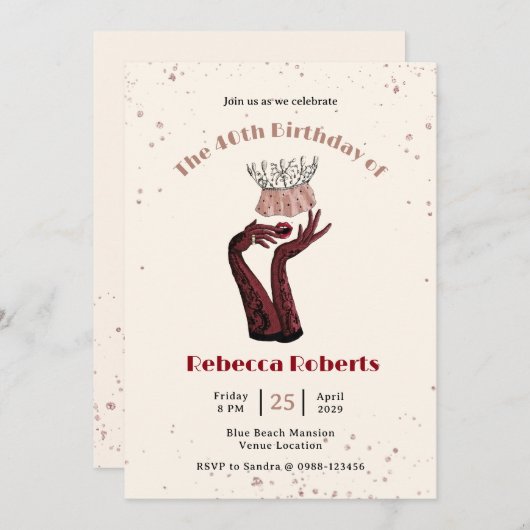 パーティークイーンウーマレディファッショニスタ誕生日 招待状 (正面/裏面)