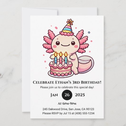 パーティーケーキアクソロトル誕生日 招待状 (正面)