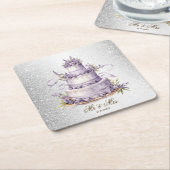 パーティーケーキラベンダーフローラ水彩エレガント スクエアペーパーコースター (アングル)
