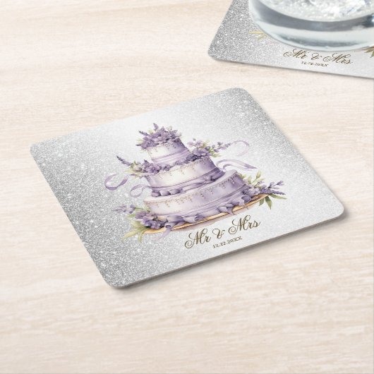 パーティーケーキラベンダーフローラ水彩エレガント スクエアペーパーコースター (アングル)