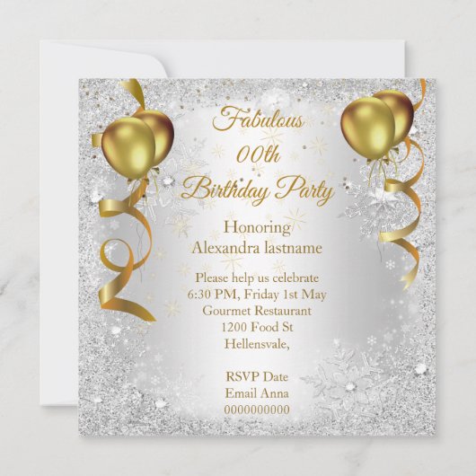 パーティーシルバー金ゴールドバルーンシャンパンスノーフレーク 招待状 (裏面)