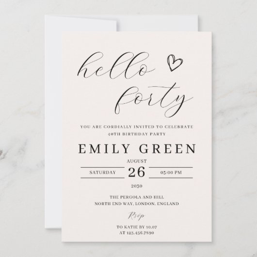 パーティーシンプルミニマリストこんにちは40歳の誕生日 招待状 (正面)