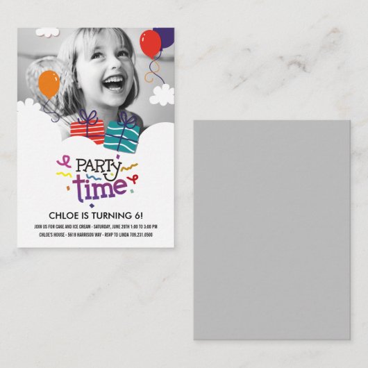パーティータイムフォト誕生日招待状 エンクロージャーカード (正面/裏面)