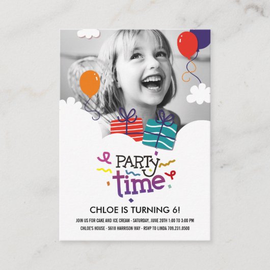 パーティータイムフォト誕生日招待状 エンクロージャーカード (正面)