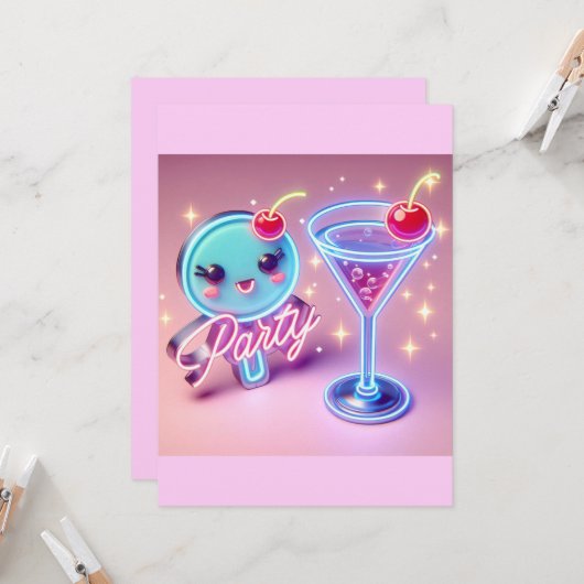 パーティータイム ネオンピンク 招待状 (正面/裏面インサイチュ)