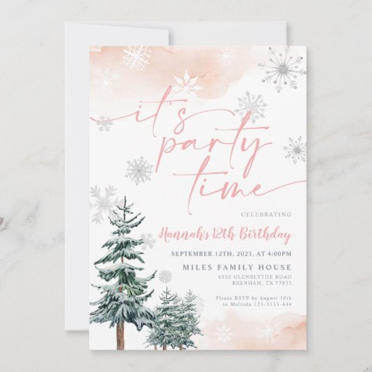 パーティータイム！冬の誕生日招待状（ソフトピンク） 招待状 (正面)