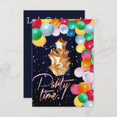 パーティータイム 青いスパークルカーテン 風船の壁 招待状 (正面/裏面)