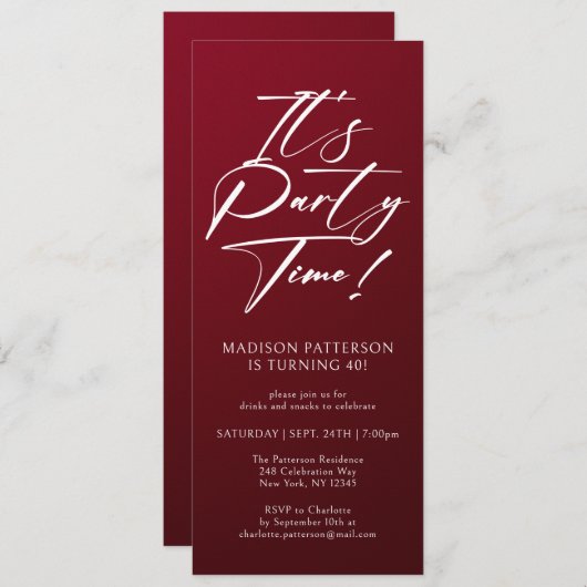 パーティータイム！40歳の誕生日パーティー シンプル エレガント 招待状 (正面/裏面)