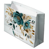 パーティーターコイズホワイトフラワーゴールデン葉エレガントズ ラージペーパーバッグ (正面アングル)