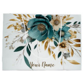パーティーターコイズホワイトフラワーゴールドリーフエレガント ラージペーパーバッグ (裏面)