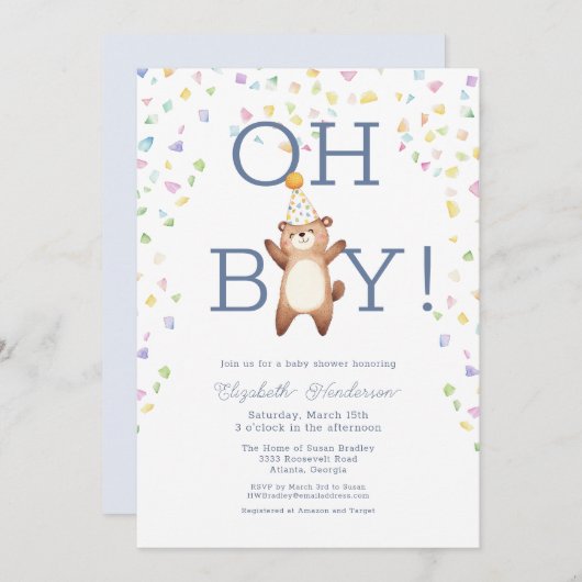 パーティーテディベア男の子の赤ちゃんシャワー招待状 招待状 (正面/裏面)
