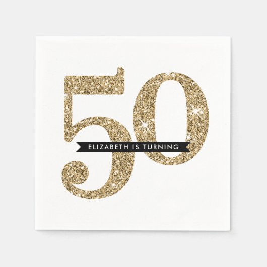 パーティーテーブル大モダン年齢50グラム金ゴールドグリッター スタンダードカクテルナプキン (正面)
