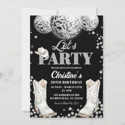 パーティーディスコのボールブーツ誕生日パーティー 招待状 (正面)