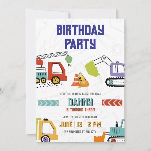 パーティートラック誕生日ディガーテーマforボーイズ 招待状 (正面)