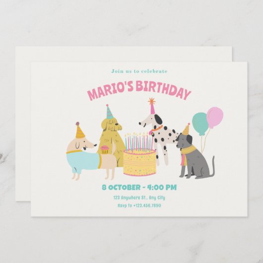 パーティードッグカラフルパステルカラー誕生日 招待状 (正面/裏面)