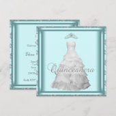 パーティードレスティアラティール（緑がかった色）ブルーホワイトキンセアニェラ 招待状 (正面/裏面)