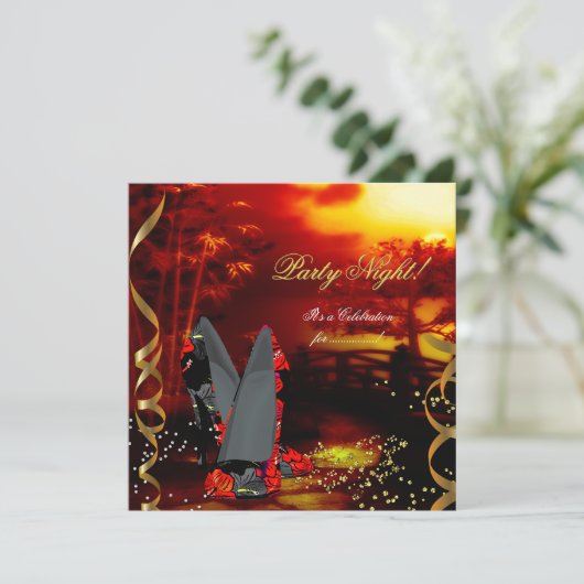 パーティーナイトレッド金ゴールドブラックフローラシューズアジア 招待状 (スタンド正面)