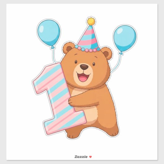 パーティーハットと風船のかわいい誕生日熊 シール (シート)