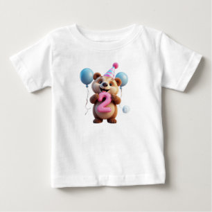 パーティーハットと風船のかわいい誕生日熊 ベビーTシャツ