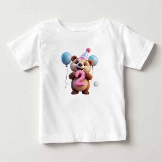 パーティーハットと風船のかわいい誕生日熊 ベビーTシャツ (正面)